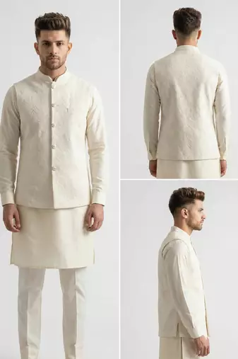 White resham embroidered silk blend mandarin collar nehru jacket men's waistcoat