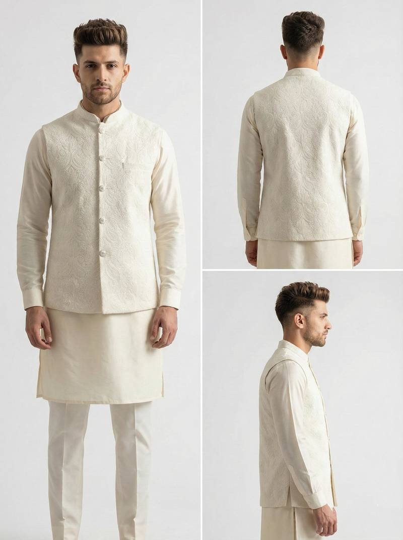 White resham embroidered silk blend mandarin collar nehru jacket men's waistcoat