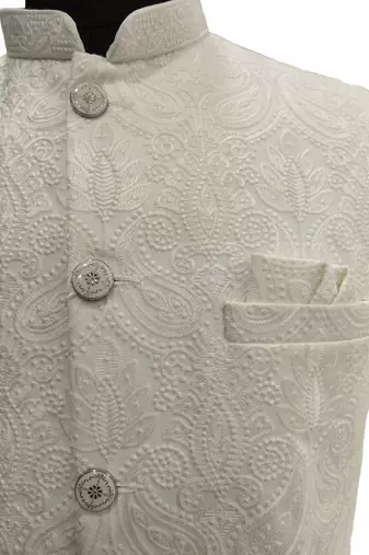 White resham embroidered silk blend mandarin collar nehru jacket men's waistcoat