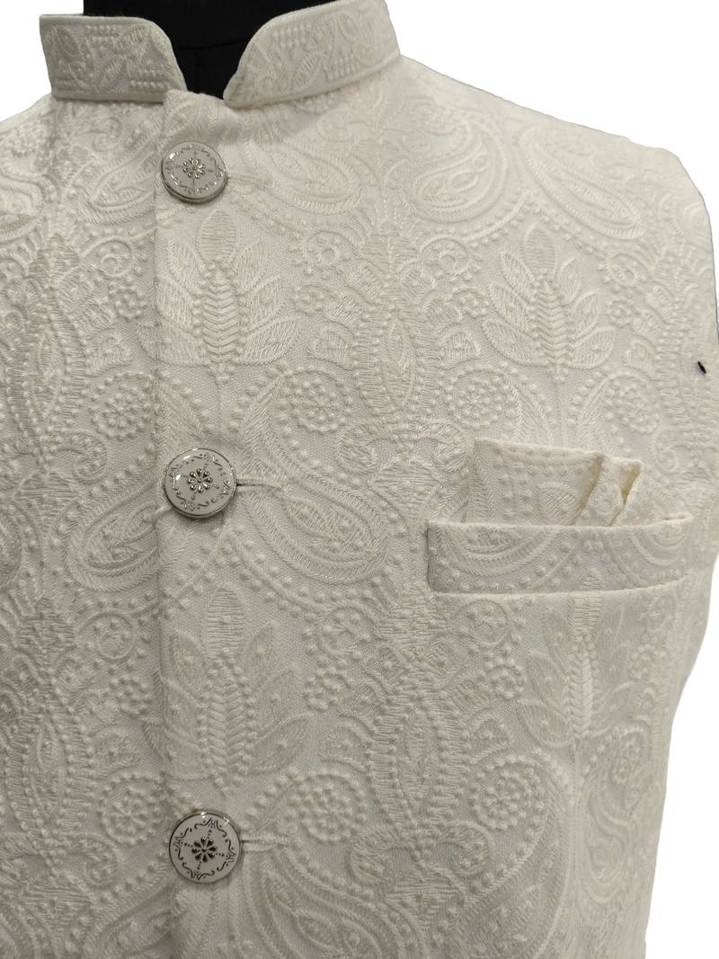 White resham embroidered silk blend mandarin collar nehru jacket men's waistcoat