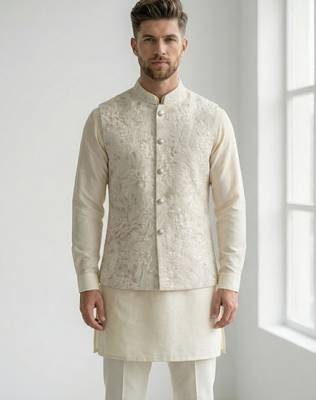 Beige floral thread embroidery silk blend mandarin collar men's waistcoat 1