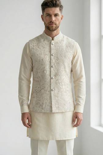 Beige floral thread embroidery silk blend mandarin collar men's waistcoat