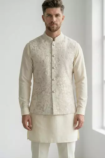 Beige floral thread embroidery silk blend mandarin collar men's waistcoat
