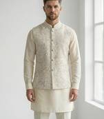 Beige floral thread embroidery silk blend mandarin collar men's waistcoat