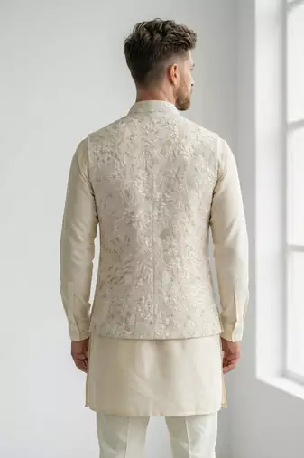 Beige floral thread embroidery silk blend mandarin collar men's waistcoat