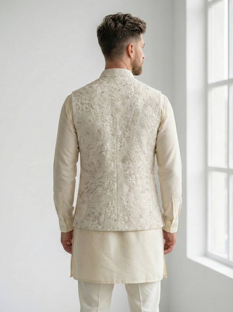 Beige floral thread embroidery silk blend mandarin collar men's waistcoat