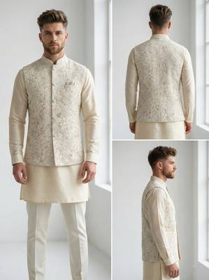 Beige floral thread embroidery silk blend mandarin collar men's waistcoat 3