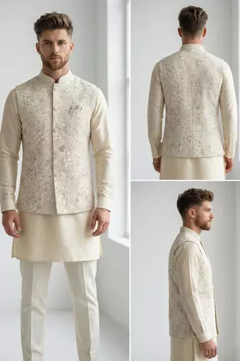 Beige floral thread embroidery silk blend mandarin collar men's waistcoat