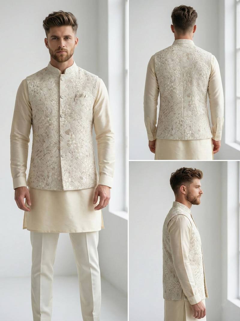 Beige floral thread embroidery silk blend mandarin collar men's waistcoat