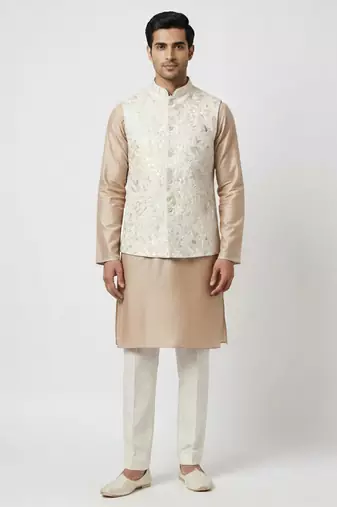 Beige floral thread embroidery silk blend mandarin collar men's waistcoat