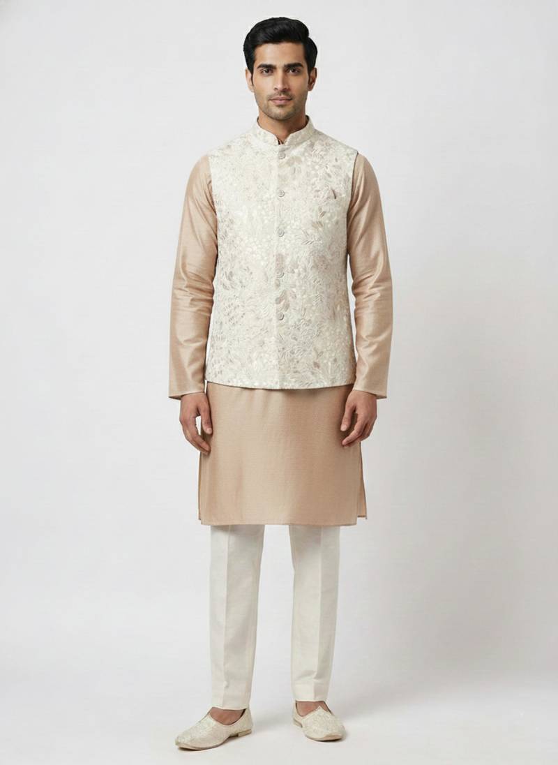 Beige floral thread embroidery silk blend mandarin collar men's waistcoat
