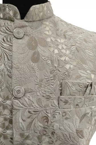 Beige floral thread embroidery silk blend mandarin collar men's waistcoat