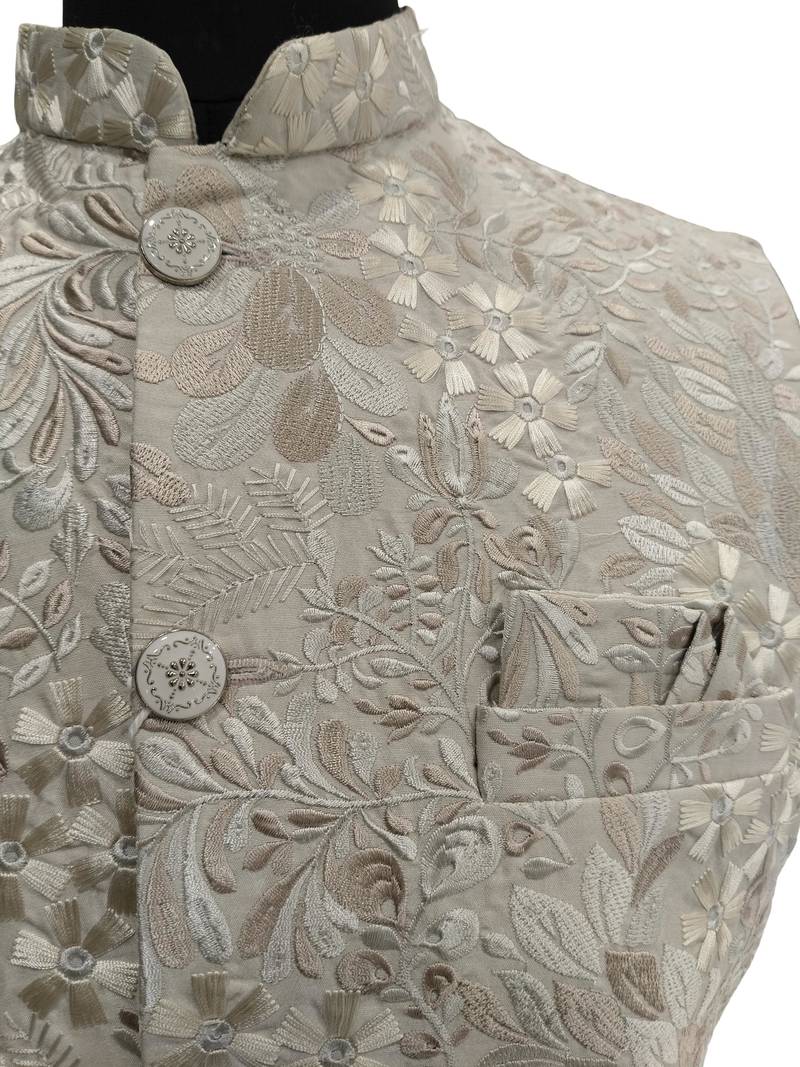 Beige floral thread embroidery silk blend mandarin collar men's waistcoat