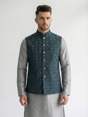 Teal blue geometric thread work art silk mandarin collar men's waistcoat 1