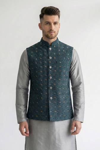 Teal blue geometric thread work art silk mandarin collar men's waistcoat