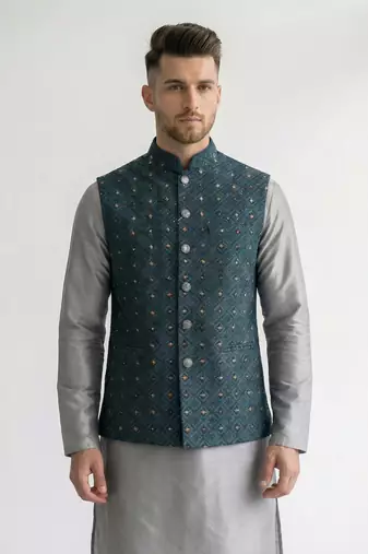 Teal blue geometric thread work art silk mandarin collar men's waistcoat