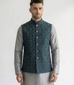 Teal blue geometric thread work art silk mandarin collar men's waistcoat