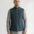 Teal blue geometric thread work art silk mandarin collar men's waistcoat