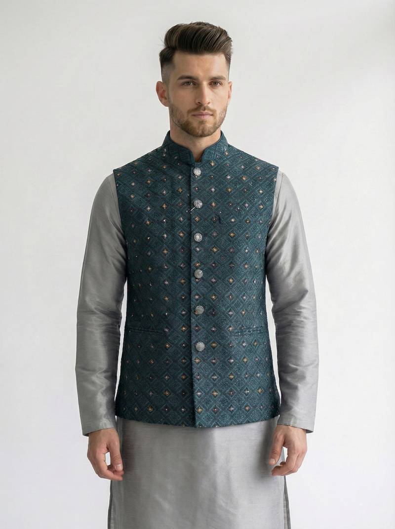 Teal blue geometric thread work art silk mandarin collar men's waistcoat