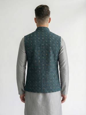 Teal blue geometric thread work art silk mandarin collar men's waistcoat 2