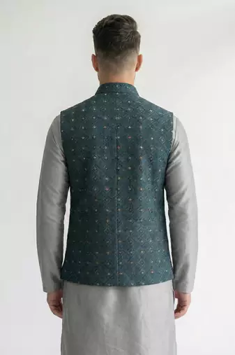 Teal blue geometric thread work art silk mandarin collar men's waistcoat