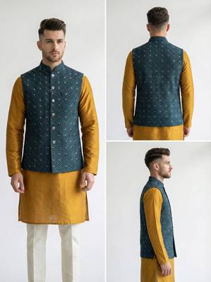 Teal blue geometric thread work art silk mandarin collar men's waistcoat 3
