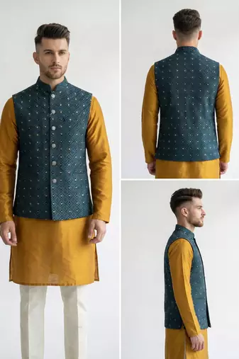 Teal blue geometric thread work art silk mandarin collar men's waistcoat