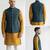 Teal blue geometric thread work art silk mandarin collar men's waistcoat