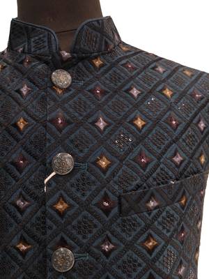 Teal blue geometric thread work art silk mandarin collar men's waistcoat 5