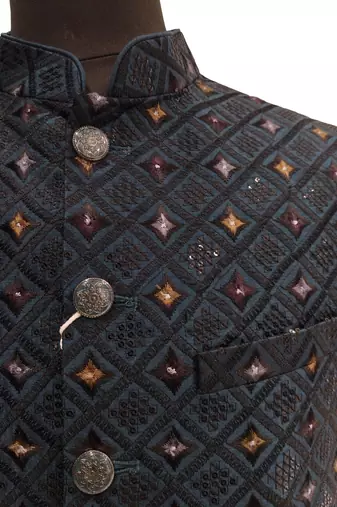 Teal blue geometric thread work art silk mandarin collar men's waistcoat