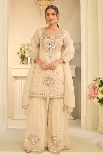 Cream silk blend with real mirror with sequence hand work kurta sharara with dupatta