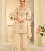 Cream silk blend with real mirror with sequence hand work kurta sharara with dupatta