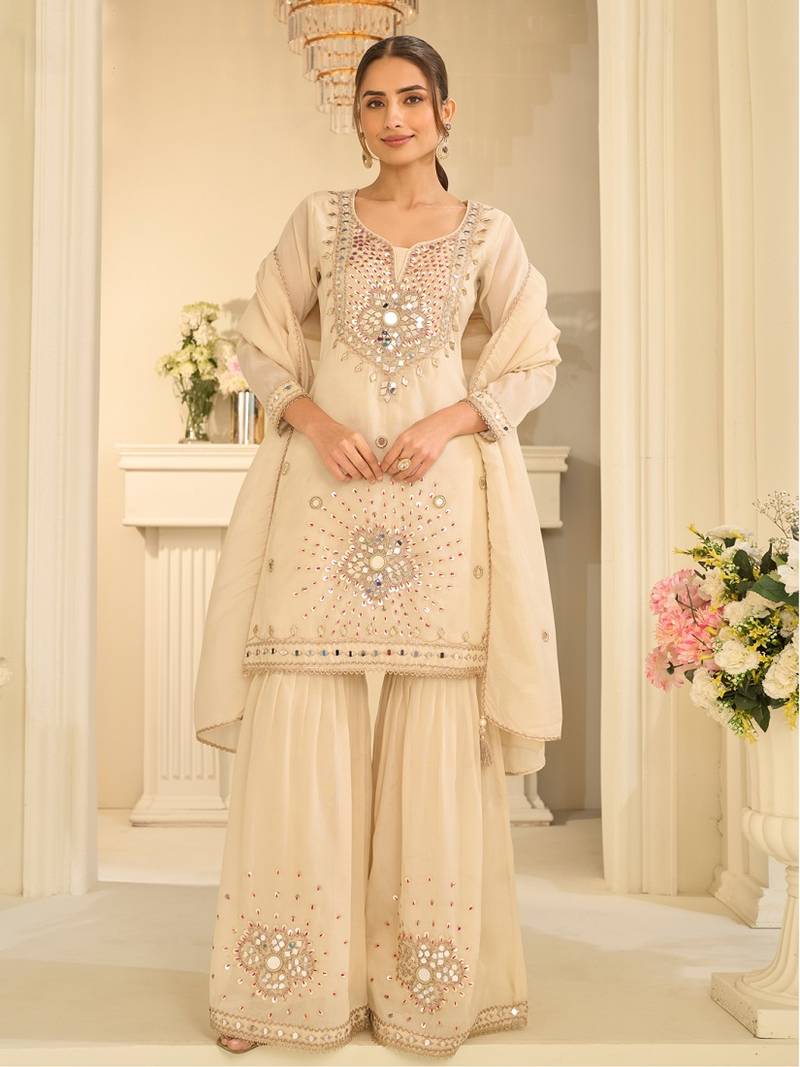 Cream silk blend with real mirror with sequence hand work kurta sharara with dupatta