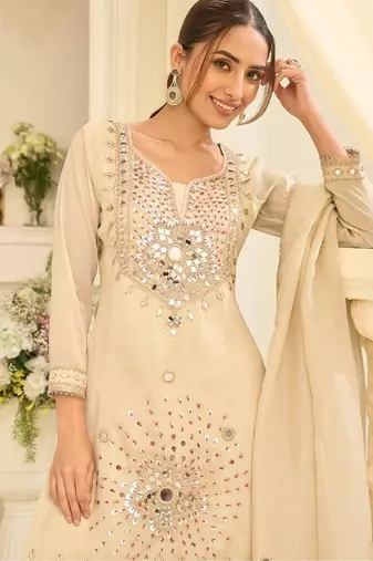 Cream silk blend with real mirror with sequence hand work kurta sharara with dupatta