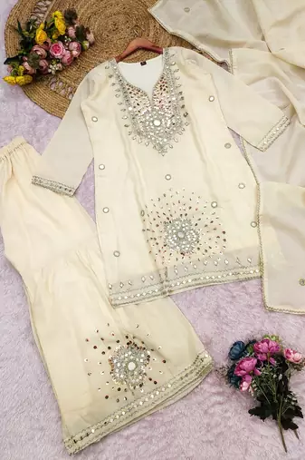 Cream silk blend with real mirror with sequence hand work kurta sharara with dupatta