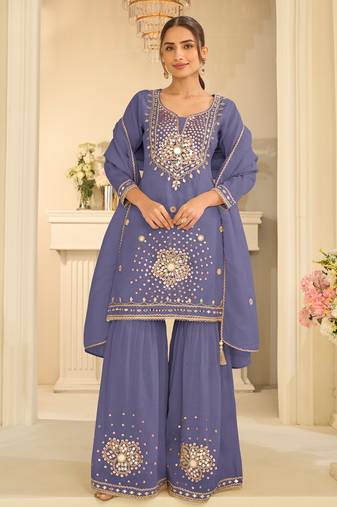 Lavender silk blend with real mirror with sequence hand work kurta sharara with dupatta