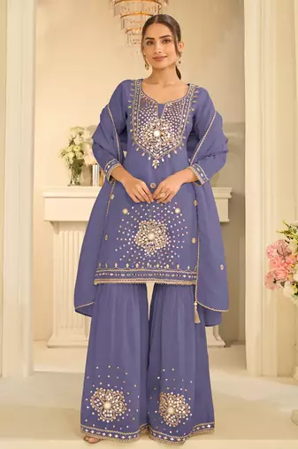 Lavender silk blend with real mirror with sequence hand work kurta sharara with dupatta