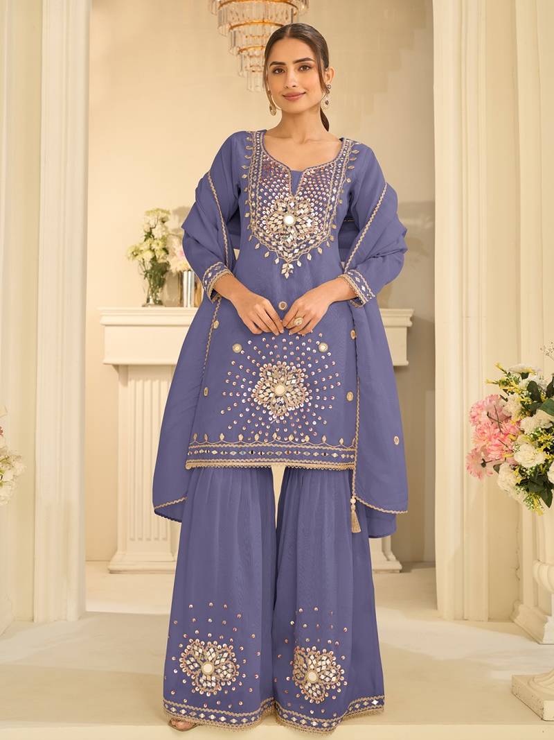 Lavender silk blend with real mirror with sequence hand work kurta sharara with dupatta