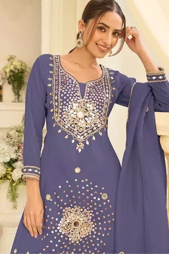 Lavender silk blend with real mirror with sequence hand work kurta sharara with dupatta