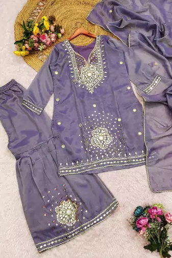 Lavender silk blend with real mirror with sequence hand work kurta sharara with dupatta