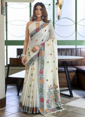 White linen jaquard handoom casual wear saree 1