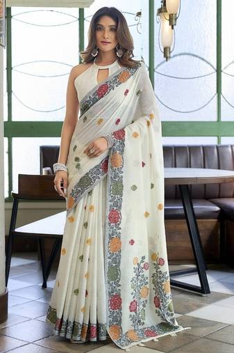 White linen jaquard handoom casual wear saree