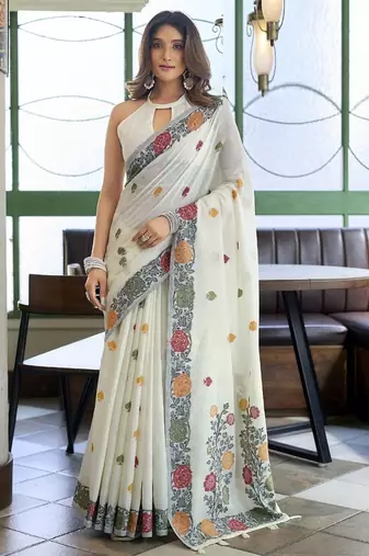 White linen jaquard handoom casual wear saree