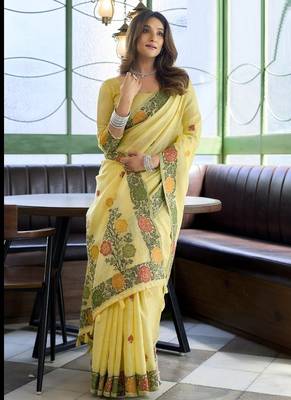 Yellow linen jaquard handoom casual wear saree 1