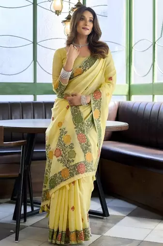 Yellow linen jaquard handoom casual wear saree