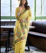 Yellow linen jaquard handoom casual wear saree
