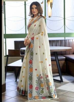 White linen jaquard handoom casual wear saree 2