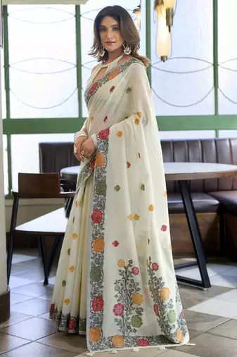 White linen jaquard handoom casual wear saree