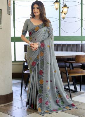 Gray linen jaquard handoom casual wear saree 1