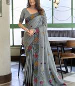 Gray linen jaquard handoom casual wear saree